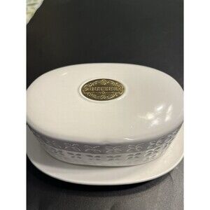THL White Covered Butter Dish Bronze Gold Emblem French Country Farmhouse